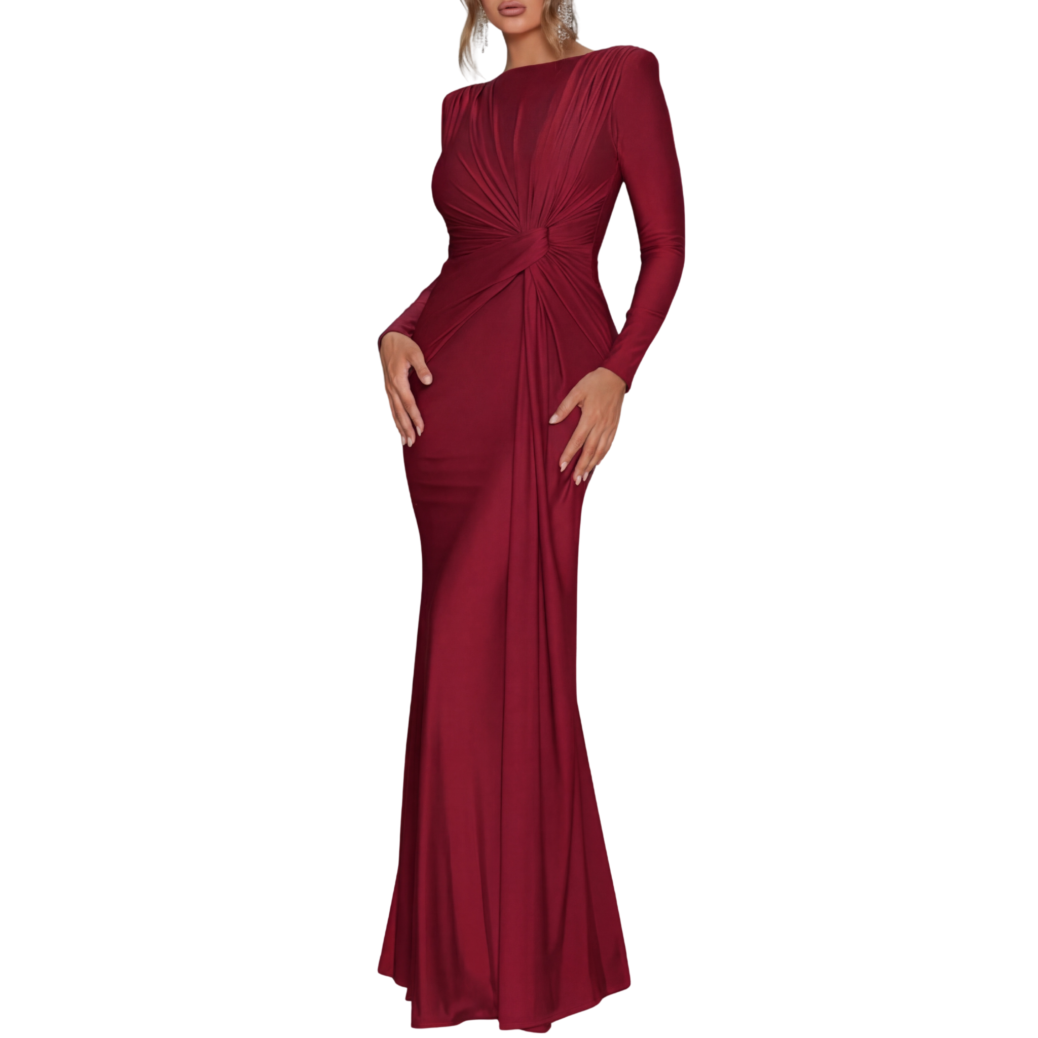 LACEY™ – Elegant Solid Color Ruched Bodycon Long Dress with Padded Shoulders