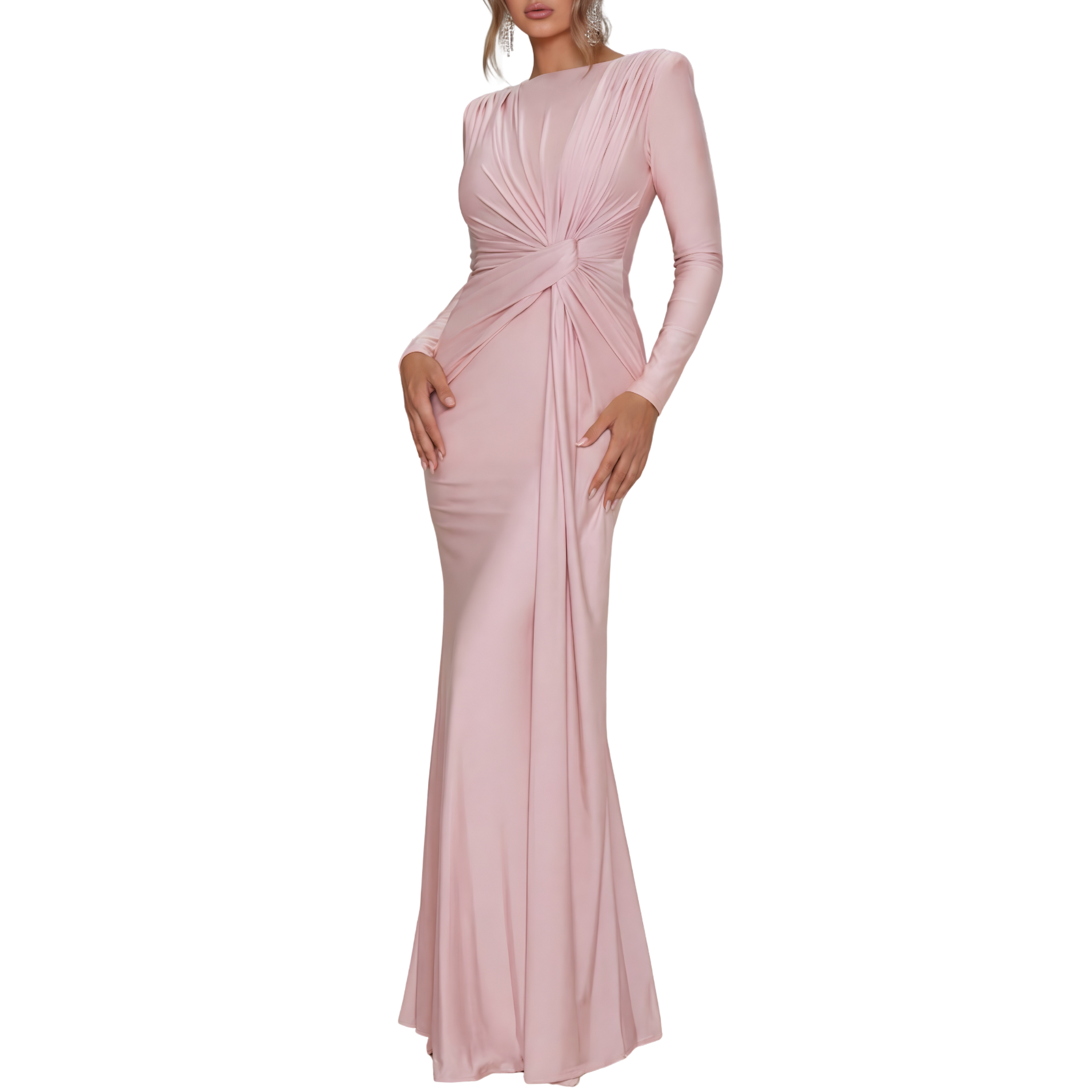 LACEY™ – Elegant Solid Color Ruched Bodycon Long Dress with Padded Shoulders