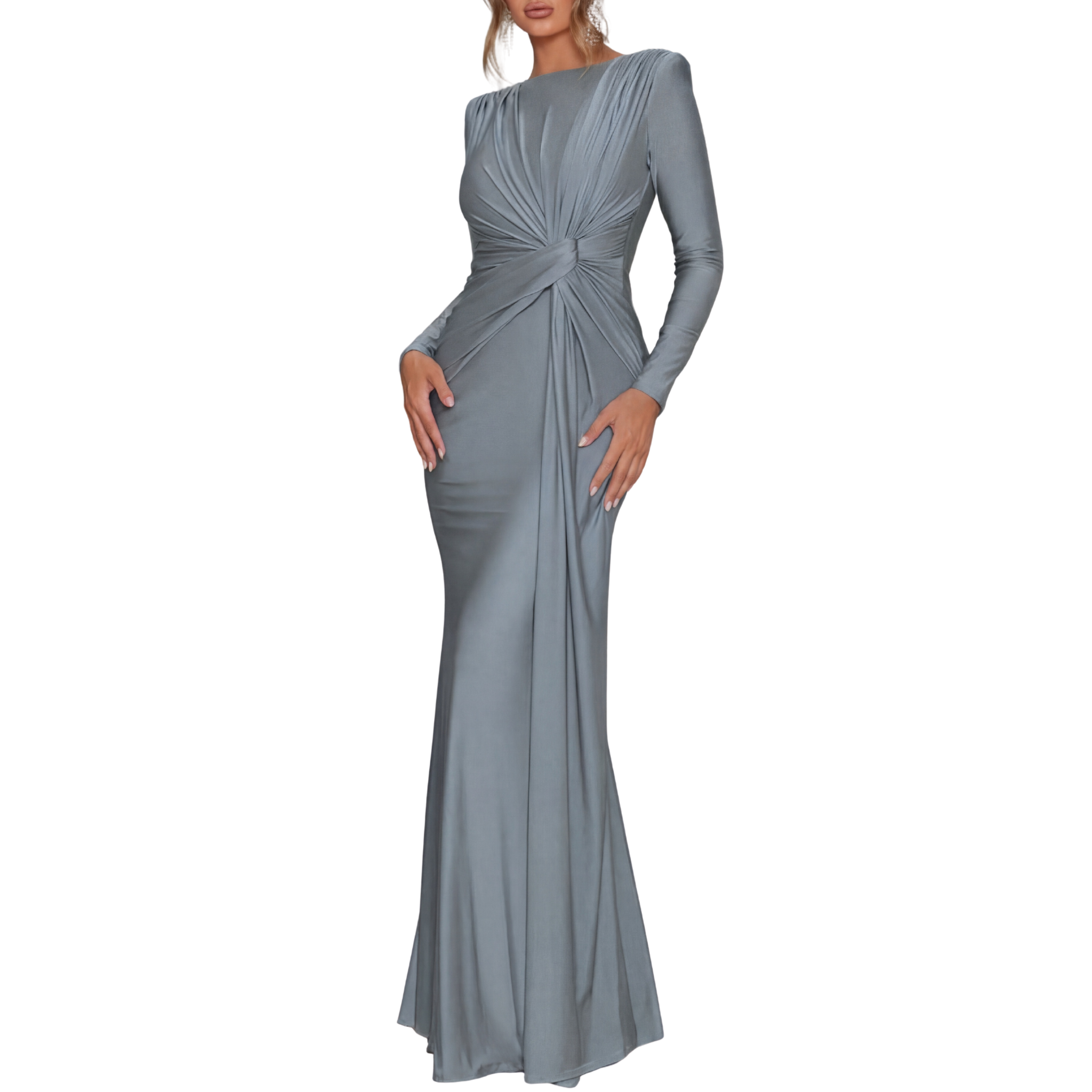 LACEY™ – Elegant Solid Color Ruched Bodycon Long Dress with Padded Shoulders