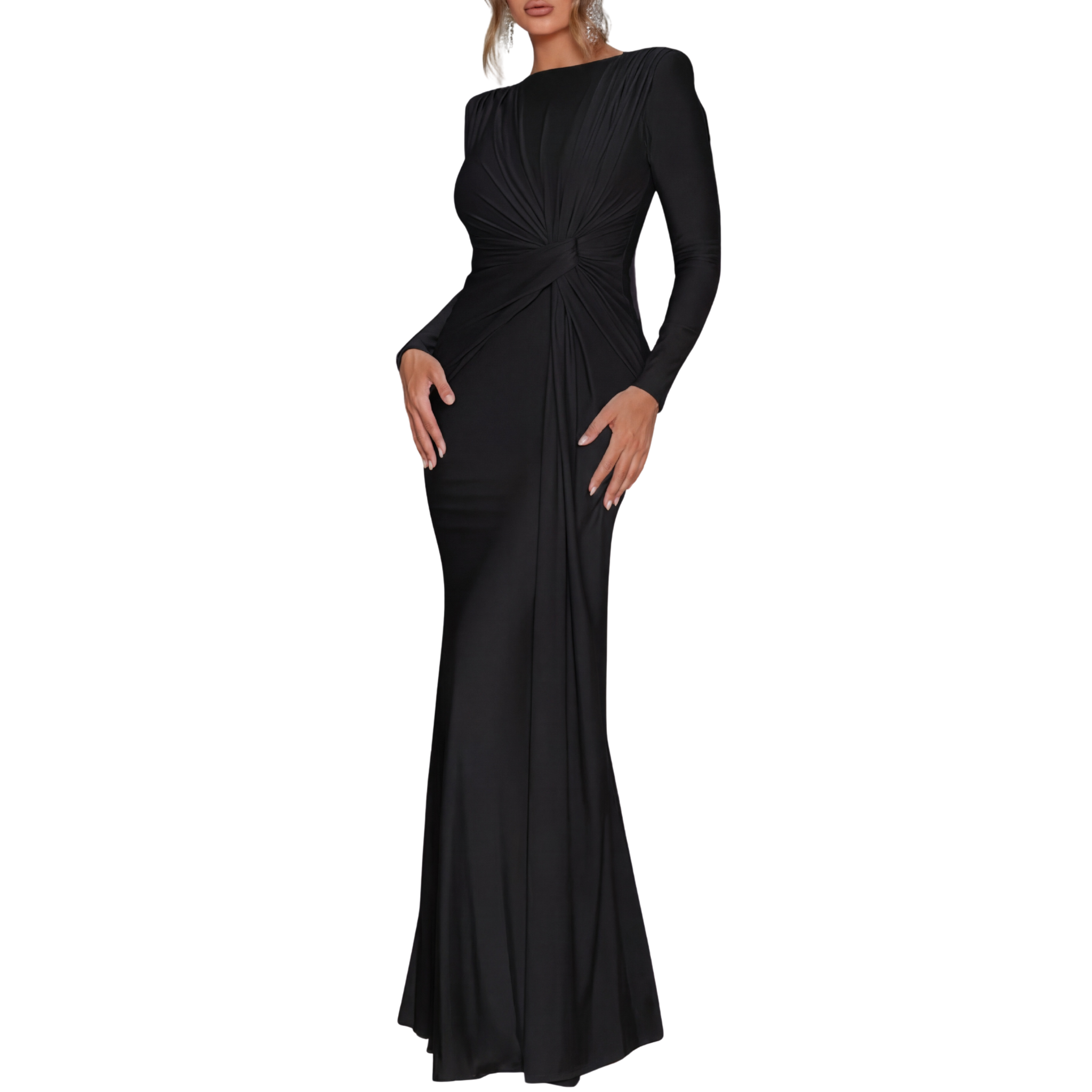 LACEY™ – Elegant Solid Color Ruched Bodycon Long Dress with Padded Shoulders