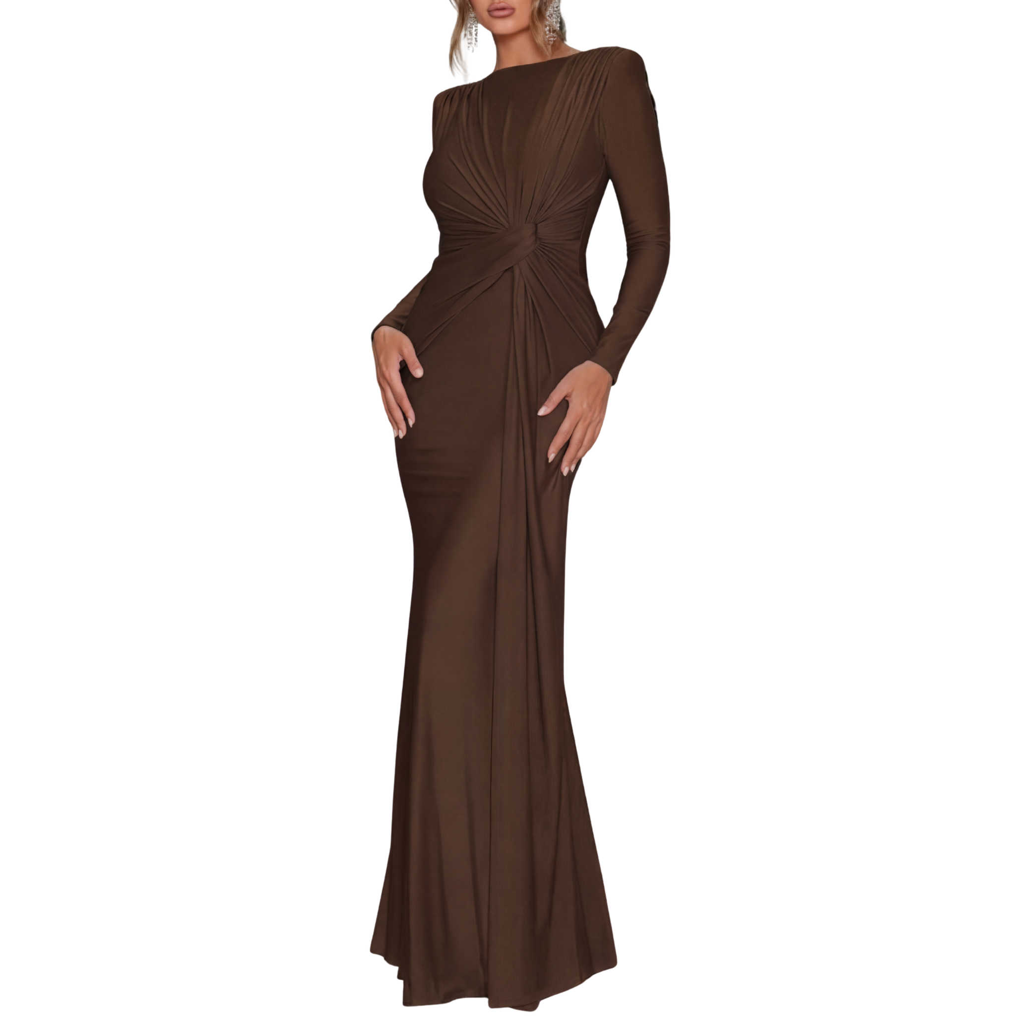 LACEY™ – Elegant Solid Color Ruched Bodycon Long Dress with Padded Shoulders