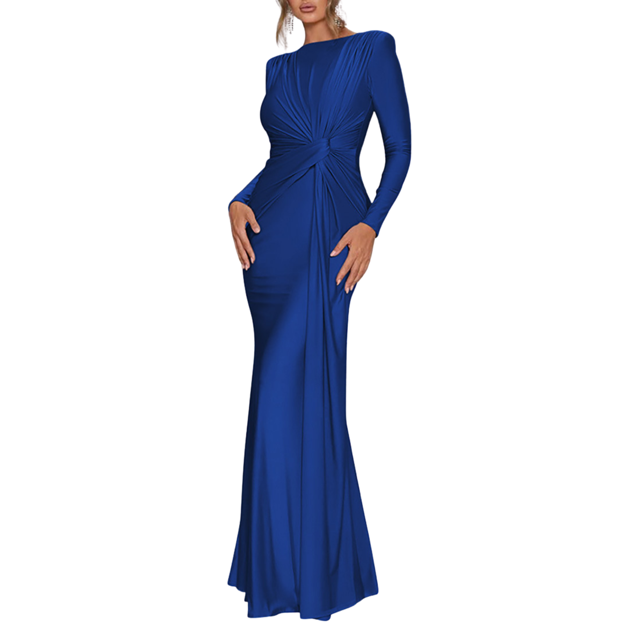 LACEY™ – Elegant Solid Color Ruched Bodycon Long Dress with Padded Shoulders